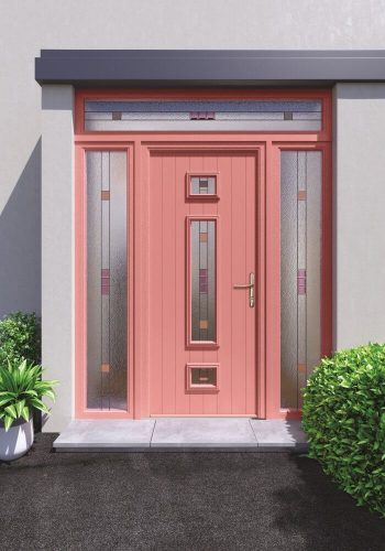 Pink entrance door with decorative glazing