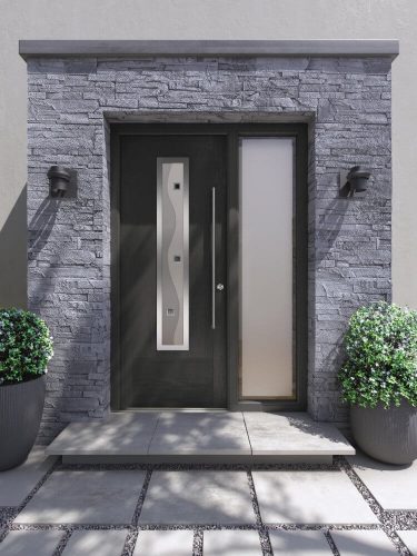 Black entrance door with central decorative glazing and a side panel